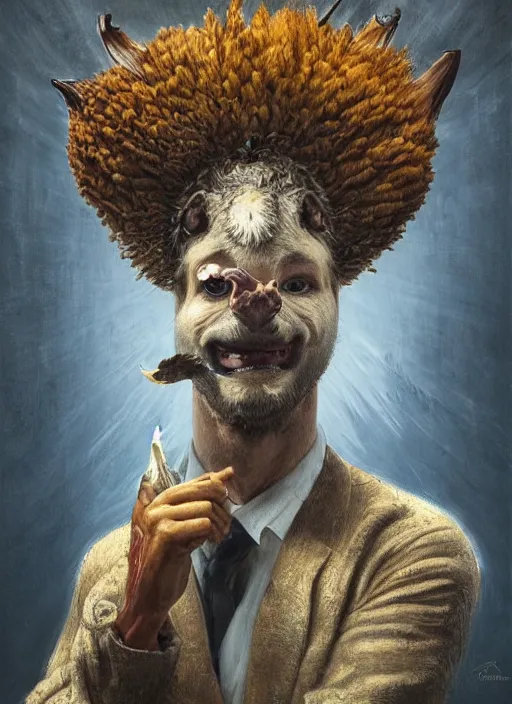 Prompt: a hyper detailed painting of an anthropomorphic joaquin phoenix as the king of animals, cow horns, pig nose, sheep wool, chicken feathers, horror, by anna podedworna, by miklos ligeti, by diego maricato, by taran fiddler, by antonino truisi, by chris reddie, on artstation