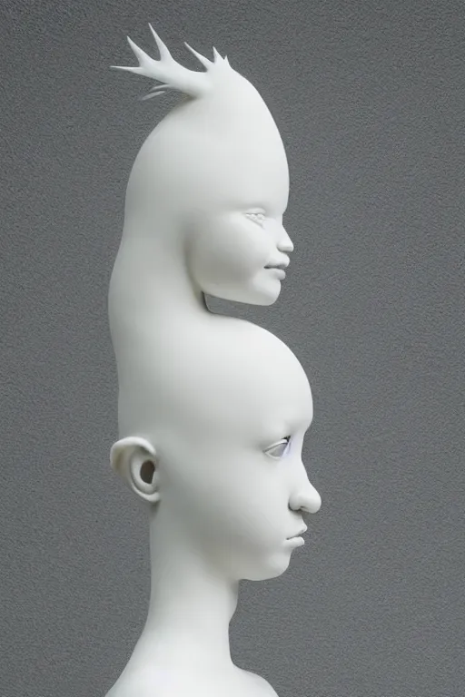 Image similar to full head and shoulders, beautiful female porcelain sculpture mixed with an axolotls, by daniel arsham and raoul marks, smooth, all white features on a white background, delicate facial features, white eyes, white lashes, detailed white 3 d lizards on the head