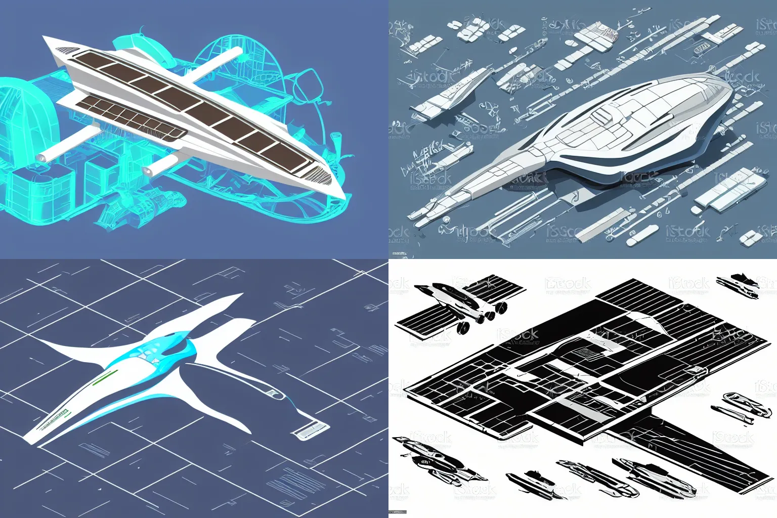 Prompt: futuristic spaceship, isometric illustration, technical drawing, vector art