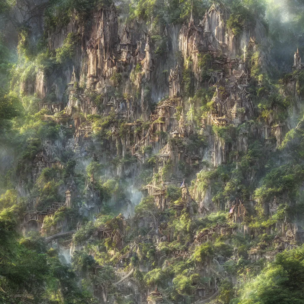 Prompt: rivendell from the lord of the rings, cinematic composition, Jim Burns, Craig Mullins, wide angle, in the style of hayao miyazaki + brian froud + kim jung gi, studio ghibli, beautiful high detail enhanced 8k render