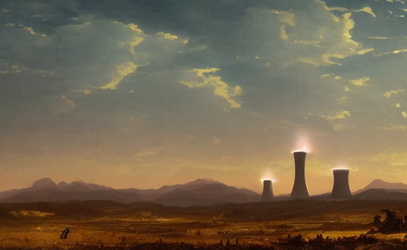 Image similar to nuclear powerplant in a field, close up shot, rocky, at dusk, distant mountains, 4k, rule of thirds, extreme detail, hazy, intricate ink illustration, surreal, surrealist, trending on artstation, cgsociety, hd, calm, complimentary colours, realistic lighting, by Albert Bierstadt, Frederic Edwin Church.