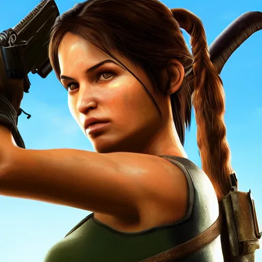 Image similar to dew, dew covers lara croft's face, focus on her face, sunlight