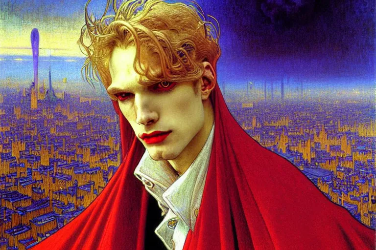 Image similar to realistic extremely detailed closeup portrait painting of an elegant blond male vampire in a cape, detailed crowded crowded futuristic city street on background by Jean Delville, Amano, Yves Tanguy, Ilya Repin, Alphonse Mucha, William Holman Hunt, Ernst Haeckel, Edward Robert Hughes, Roger Dean, rich moody colours