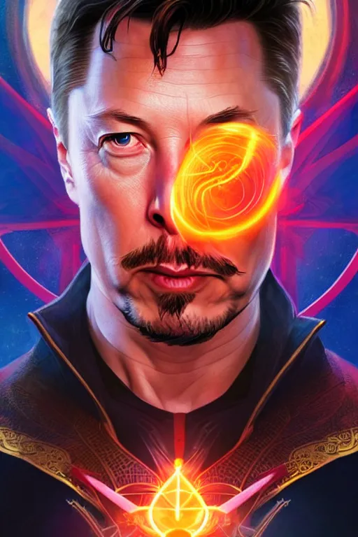 Image similar to elon musk as dr strange, realistic portrait, symmetrical, highly detailed, digital painting, artstation, concept art, smooth, sharp focus, illustration, cinematic lighting, art by artgerm and greg rutkowski and alphonse mucha