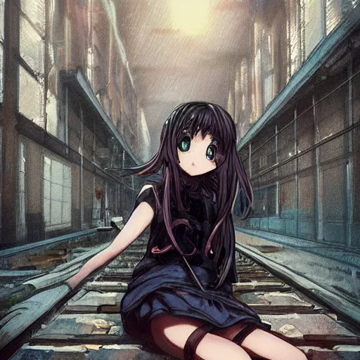 Image similar to sad anime girl with her one little kitty sitting at an abandoned train station with a nuclear bomb destroying all buildings at the distance yumei art, Artstation, pinterest 8k hyper-detailed