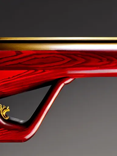 Prompt: a shotgun made from glossy red - painted wood and elements of gold metalwork