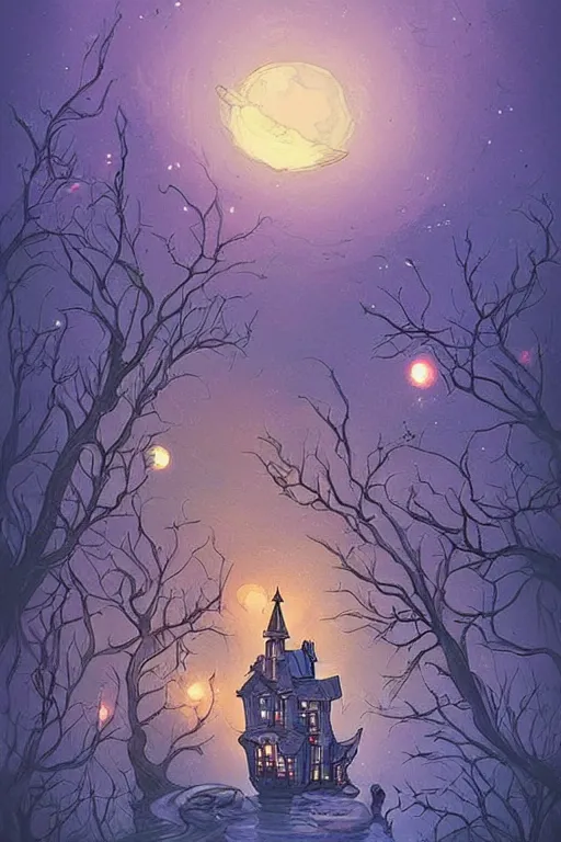 Prompt: a beautiful painting by victorianchaliscent mystical witches haunted house in a hill near the edge of a lake in the moonlight fireflies artgerm, brian kesinger