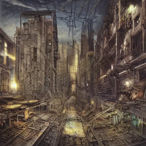 Prompt: post apocalyptic radiated ruined modern city, surrealism, deep aesthetic, abstract realism, highly ornate intricate details, 1 9 2 0's colored pencil, 4 k, cinematic lighting,