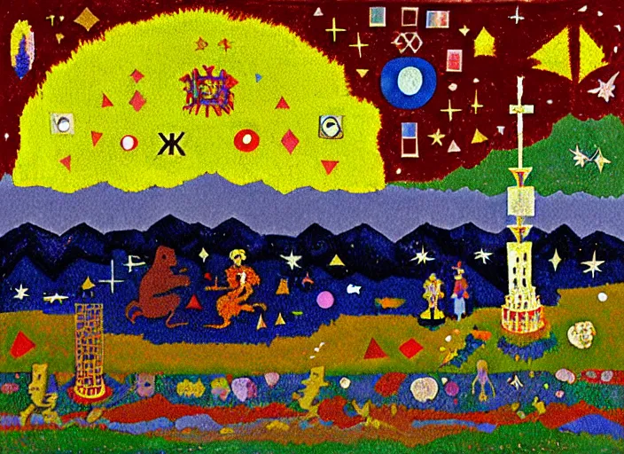 Image similar to pixel decollage painting tarot lovers card composition tower of babel road red armor maggot bear and wonky alien frog skeleton knight on a horse in a dark red cloudy night sky with golden foil jewish stars and diamonds, mountain lake and blossoming field in background, painted by Mark Rothko, Helen Frankenthaler, Danny Fox and Hilma af Klint, pixelated, neo expressionism, semi naive, pastel colors, cinematic, color field painting, cave painting, voxel, pop art look, outsider art, minimalistic. Bill Traylor painting, part by Philip Guston, Amano and Francis Bacon. art by Adrian Ghenie and Storm Thorgerson, very coherent symmetrical artwork, cinematic, hyper realism, high detail, octane render, unreal engine, Smooth gradients, depth of field, full body character drawing, extremely detailed, 8k, extreme detail, intricate detail, masterpiece