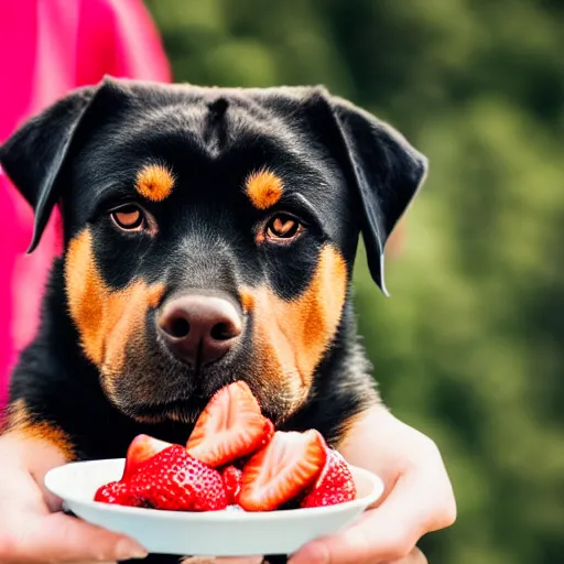 Prompt: a high - quality photo of a cute rottweiler with a half - eaten strawberry cake, 4 5 mm, f 3. 5, sharpened, iso 2 0 0, raw,