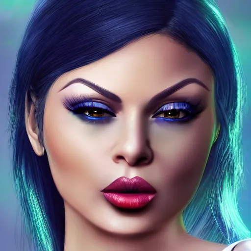 Image similar to portait of haifa wehbe, perfect lips licking tongue, long hair blue centred, hd, very detailed curve, digital painting, unreal engine, final fantasy style, amazing blue background theme