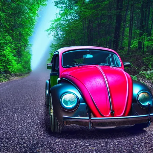 Prompt: promotional scifi - blockbuster movie scene of an insect - ladybug is mostly melded with a'glossy volkswagen beetle '. it wings and is flying down a dusty backroad along a gentle creek in smokey mountains tennessee. cinematic, muted dramtic color, 4 k, imax, 7 0 mm, hdr