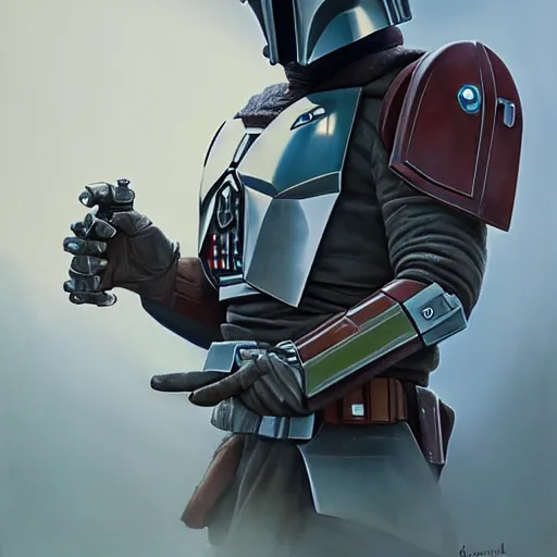 Prompt: the mandalorian, portrait, concept art by doug chiang cinematic, realistic painting, high definition, concept art, portait image, path tracing, serene landscape, high quality, highly detailed, 8 k, soft colors, warm colors, turbulent sea, high coherence, anatomically correct, hyperrealistic, concept art, defined face, symmetrical 5