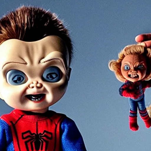Image similar to spider - man holding chucky the killer doll