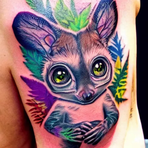 Image similar to shoulder tattoo of a multicolored trippy furry cute bushbaby, eyes are colorful spirals, surrounded with colorful marihuana leaves, insanely integrate