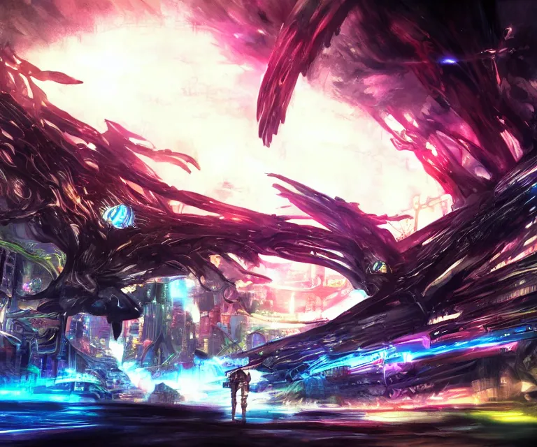 Image similar to neo tokyo, dark fantasy, xenoblade chronicles, concept art, video game, phoenix flames