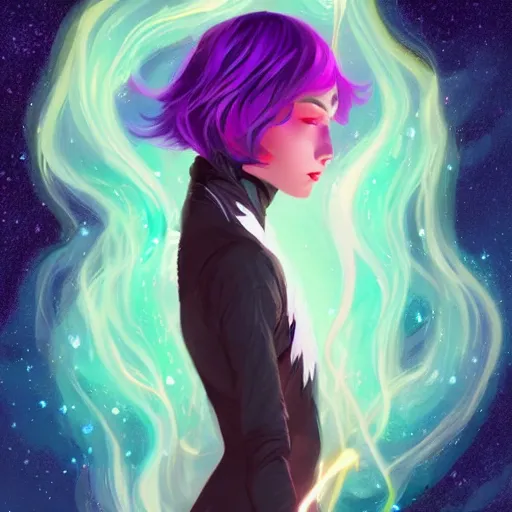 Image similar to a nonbinary changeling with a starry cloak, aurora colored hair, curious expression, character art, full body art, trending on artstation, artgerm, 4k ultra hd, sharp focus, digital art by Ilya Kuvshinov and Ross Tran,