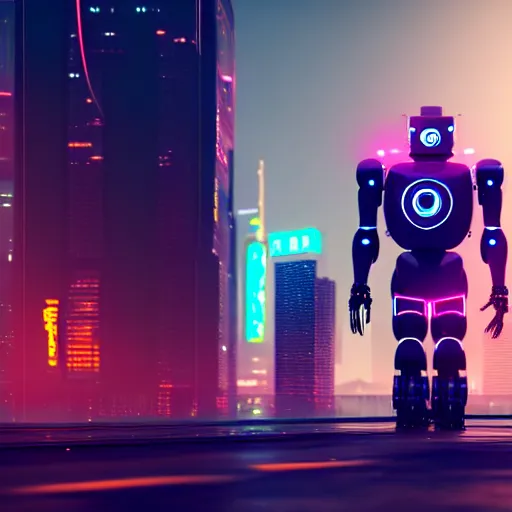 Image similar to a cute big robots in a cyberpunk city. super realistic 8 k render of a elegant, cinematic composition