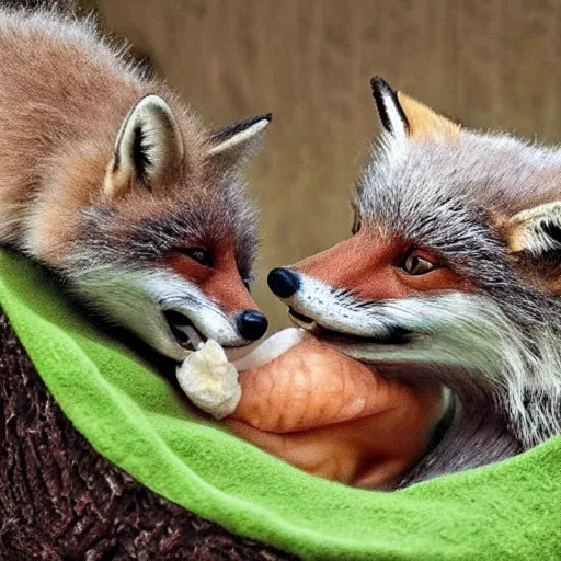 Prompt: A real photo of a smiling green fox giving birth to three youngsters, hyperrealistic