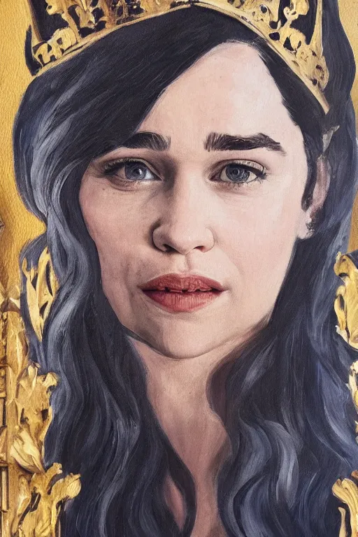 Prompt: Emilia Clarke as a queen in a painting hanging on the wall