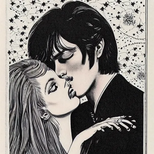 Image similar to 1 9 6 0 s drawing symmetrical pretty elegant brigitte bardot as a vampire kissing alain delon, very detailed intricate!!! intaglio, style of ( takato yamamoto )!!!, moon and stars