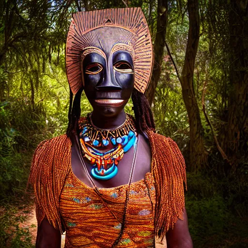 Image similar to dogon woman wearing traditional dogon tribal mask standing in a clearing in the deep forest, rays of the sun, caustics, realistic, photography, photojournalism, national geographic photoshoot, inner glow, shimmer, sparkle, smoke, dust