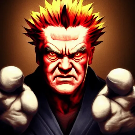 Image similar to david lynch as akuma street fighter, 4 k, ultra realistic, detailed focused art by artgerm and greg rutkowski and alphonse mucha