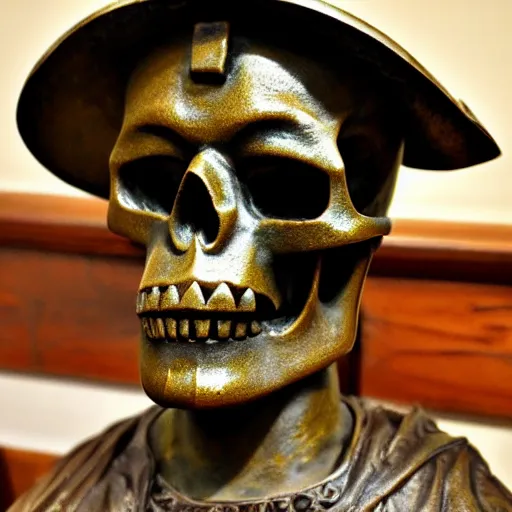 Image similar to close up shot of an old bronze patina statue of a skull with a samurai hat