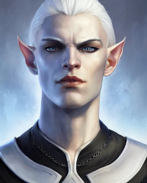 Image similar to character portrait of a slender young half elven man with white hair piercing blue eyes and pale blue skin, wearing sleek pearlescent black armor, by greg rutkowski and mark brookes and jim burns and tom bagshaw and magali villeneuve, trending on artstation