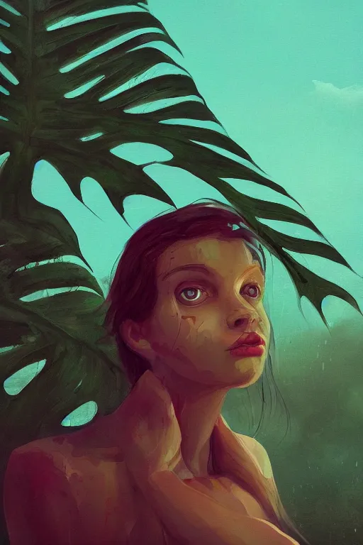 Prompt: closeup, girl with giant monstera leaf head, standing in djungle, surreal photography, wind and cold, dramatic sky, impressionist painting, digital painting, artstation, simon stalenhag