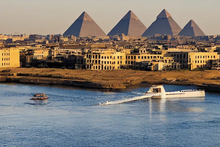 Image similar to realistic photo of the river nile, with the pyramids of giza in the background, a river flowing through the scene, cruise ship in the foreground, sun blazing in the sky