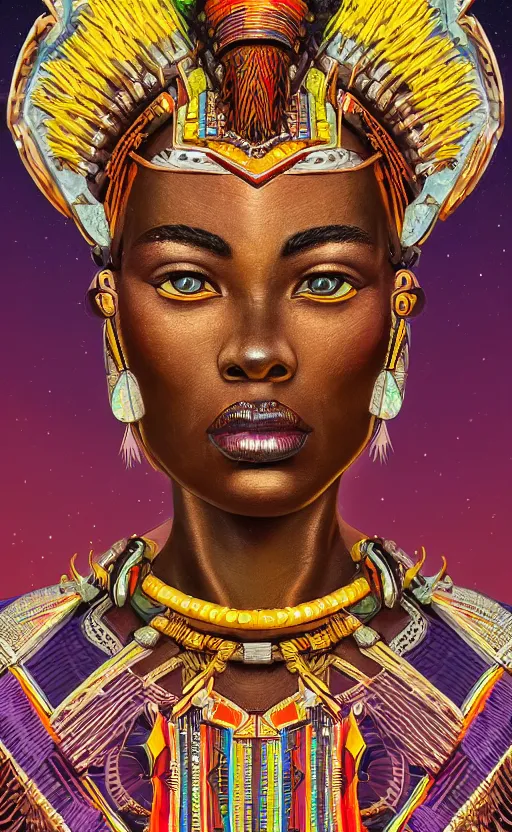 Image similar to upper half portrait digital painting of retro futuristic african tribal chief - embellished with vegetation and iridescent crystals, art by stanley artgem lau, highly detailed, digital painting, concept art, illustration, smooth sharp focus, intricate, symmetry, artstation, colourful,