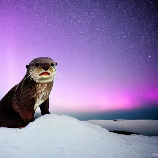 Prompt: An Award winning national geographic nature photo, from behind of an otter standing on a hill, looking at a Purple Auroras Borealis. 4K, ultra HD.