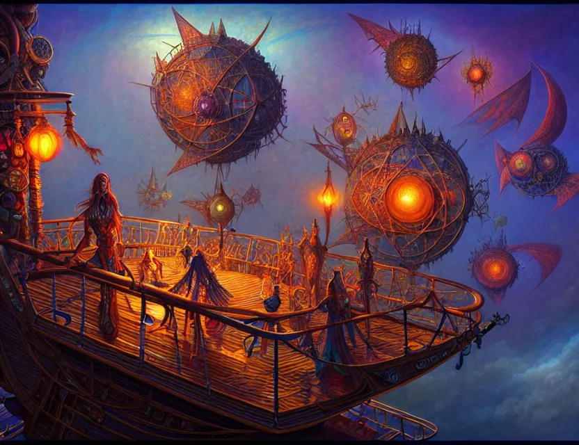 Image similar to standing upon the deck of the flying magical ship as it flies through the multiverse, d & d planescape art, artstation contest winner, beautiful digital painting in the style of dan mumford, volumetric lighting, intricate details, ultrarealistic, fantasypunk, deep colors, cgsociety, by art germ, by gerald brom, by peter mohrbacher