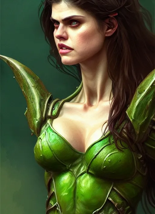 Image similar to portrait of alexandra daddario as a goblin, d & d, muscular! green, fantasy, intricate, elegant, highly detailed, digital painting, artstation, concept art, smooth, sharp focus, illustration, art by artgerm and greg rutkowski and alphonse mucha