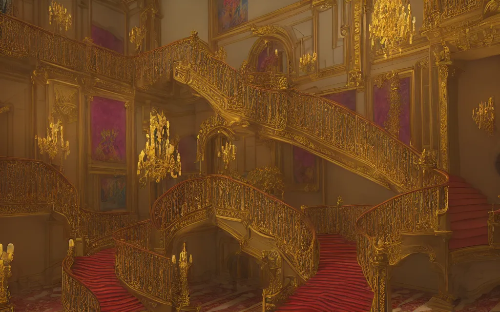 Image similar to a large royal staircase inside of an estate with high ceilings, beautiful lighting, fantasy colors, vivid colors!, highly detailed, octane render, 4 k, focused, extreme details, unreal engine 5, cinematic, trending on artstation, deviantart featured