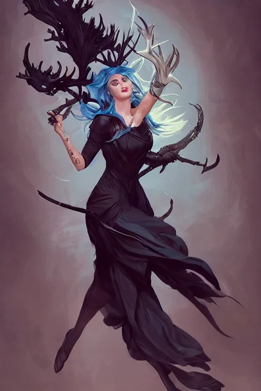 Image similar to fullbody!! dynamic action pose, beautiful woman with blue hair, big antlers on her head, long flowing black dress, dnd, face, fantasy, intricate, elegant, highly detailed, digital painting, artstation, concept art, smooth, sharp focus, illustration, art by artgerm and greg rutkowski and alphonse mucha