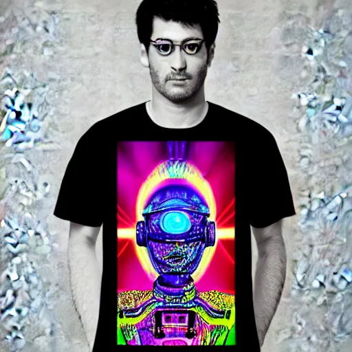 Image similar to mockup of a black tshirt with a hyperdetailed trippy portrait of a atompunk robot by hajime sorayama, 8 k, symetrical, flourescent colors, trippy mood, multicolored,