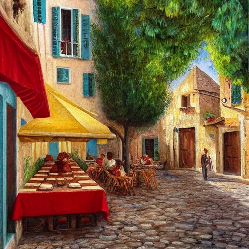 Image similar to a traditional pizzeria in the street of a small village on the riviera. a terrace in the shade of a hundred - year - old olive tree, a friendly atmosphere around pizzas and rose wine. dolce vita. unreal engine rendering, hyper realist, ultra detailed, oil painting, warm colors, happy, impressionism, da vinci, 4 k,