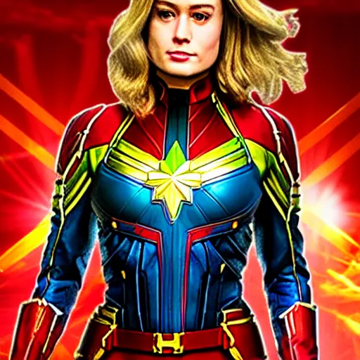 Image similar to captain marvel from the comics as a real person, 5 0 mm, studio lighting