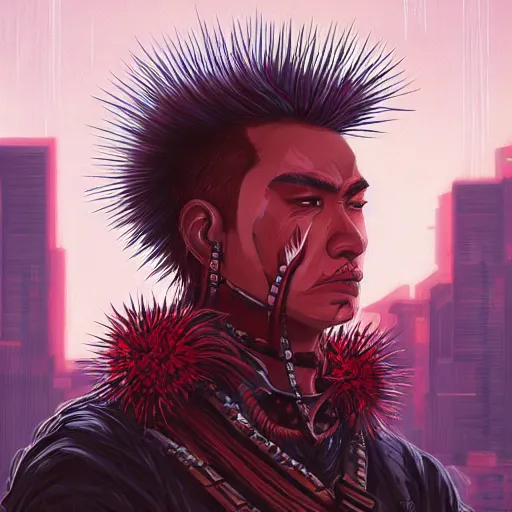 Image similar to portrait painting of a maori street samurai with spiky red hair, cyberpunk, glitchwave, sharp focus, award - winning, trending on artstation, masterpiece, art by josan gonzales and moebius