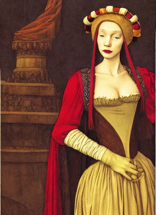 Image similar to portrait of young woman in renaissance dress and renaissance headdress, art by moebius