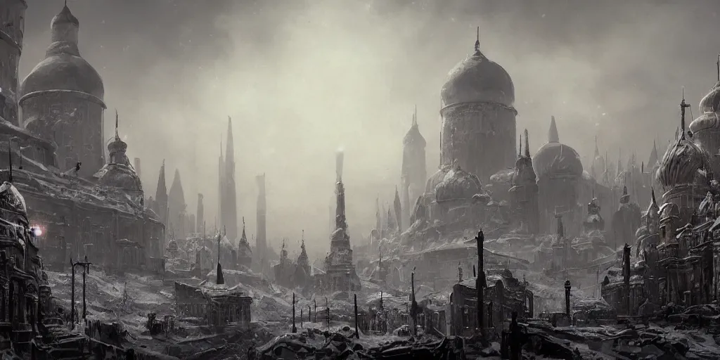 Image similar to Post-apocalyptic imperial russian city scene with a dark smog choked sky and a crowd of people freezing in the snow, black domes and spires, sci fi, detailed matte painting, cinematic, Alan Lee, Artstation