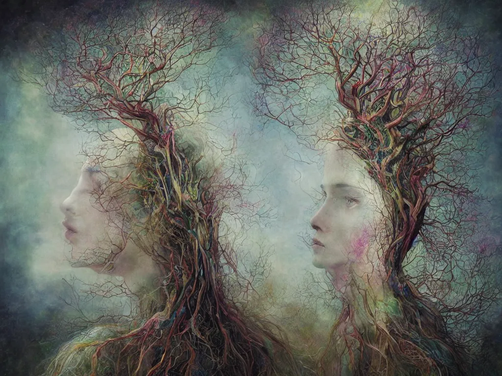 Prompt: a artistic multicalors zoom out picture with singular human -tree with crown like mycelium branches highly detailed by Agostino Arrivabene, by Agnes Cecile and by Agnes Lawrence Pelton