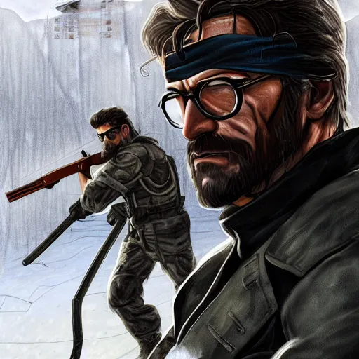 Image similar to Solid Snake from MGS and Gordon Freeman from Half-Life fight on an abandoned military base, winter, very detailed, hyper realism, epic, close-up fight, digital art, concept art, illustration, artstation, cgi, 4k