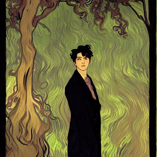 Prompt: painting of young cute handsome beautiful dark medium wavy hair man in his 2 0 s named shadow taehyung and cute handsome beautiful min - jun together at the graveyard party, ghostly, haunted gravestones, ghosts, autumn! colors, elegant, wearing suits!, clothes!, stylish, delicate facial features, art by alphonse mucha, vincent van gogh, egon schiele