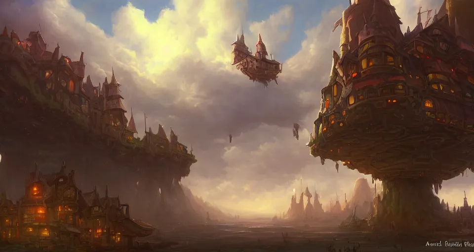 Image similar to landscape an fantasy town in the sky and an sky - ship flying towards it andreas rocha