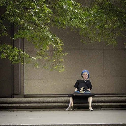 Image similar to by jimmy ernst mild ionic architecture. a body art of a blind woman sitting on a bench in a park in new york city