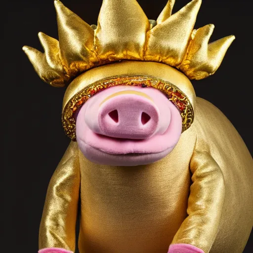 Prompt: studio photograph of a pig depicted as a muppet wearing a gold crown, front view