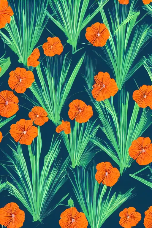 Image similar to moody vector illustration of tropical flowers and green reeds, multiple cohesive colors ranging from warm blues to bright oranges on a ((very dark background)), 4K resolution